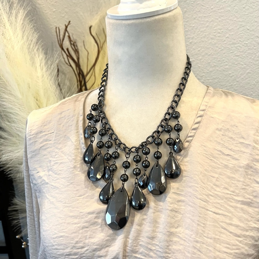 Gunmetal Toned Beaded Statement Necklace
